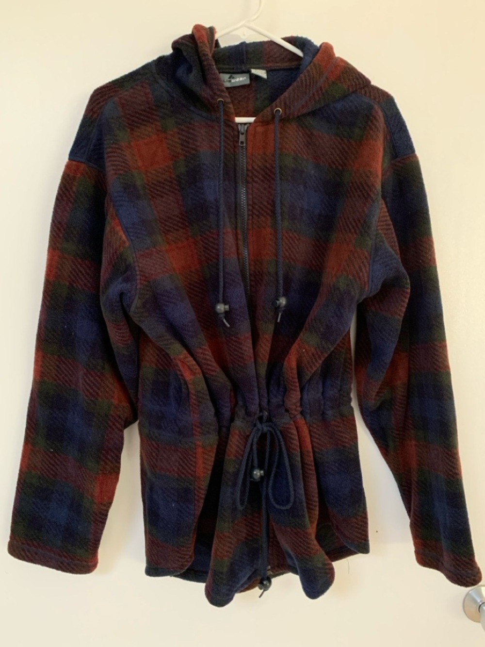 Plaid Hooded Utility Jacket with Drawcord Waist - Navy & Red